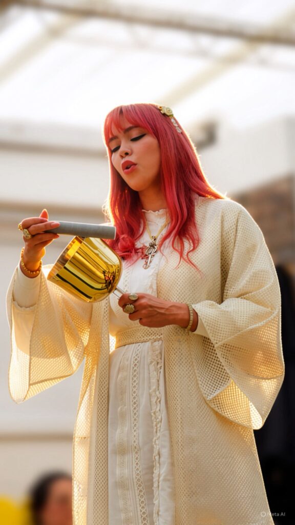 Mujer tocando un chalice en una ceremonia espiritual de abundancia